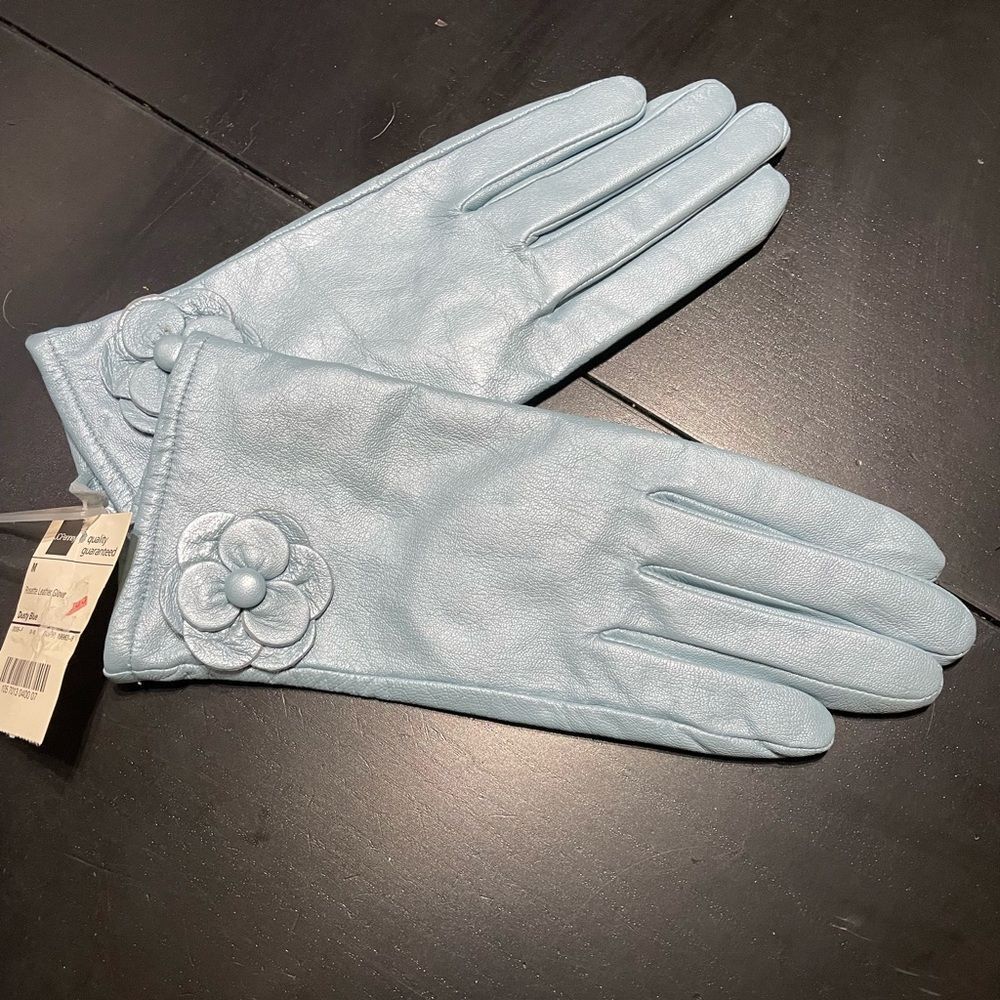 New Vintage Worthington powder blue leather gloves w rose detail sz med ladies
